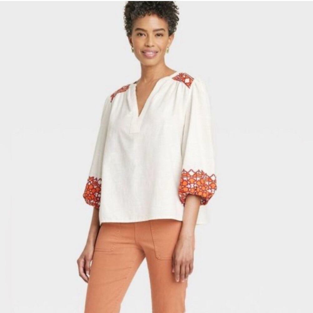 Knox Rose Cream Orange Aztec Balloon Puff Sleeve Peasant Top Sz Xxl